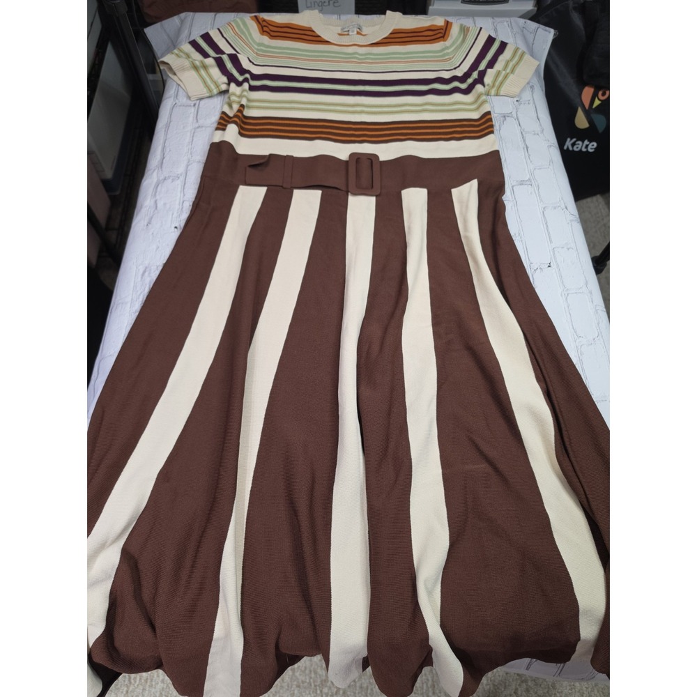 Eva Mendes New York & Company Striped Knit Maxi Dress Belted Retro‎  Size XXL